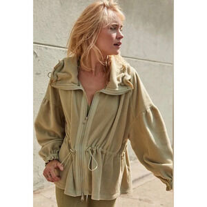 Free People Green She's All That Cinched Fleece Zip-Up Jacket Size Medium